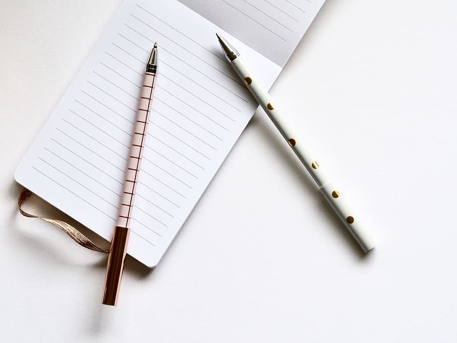 Pink and White Ball-point Pens, ballpens, blank, notepad, paper HD wallpaper