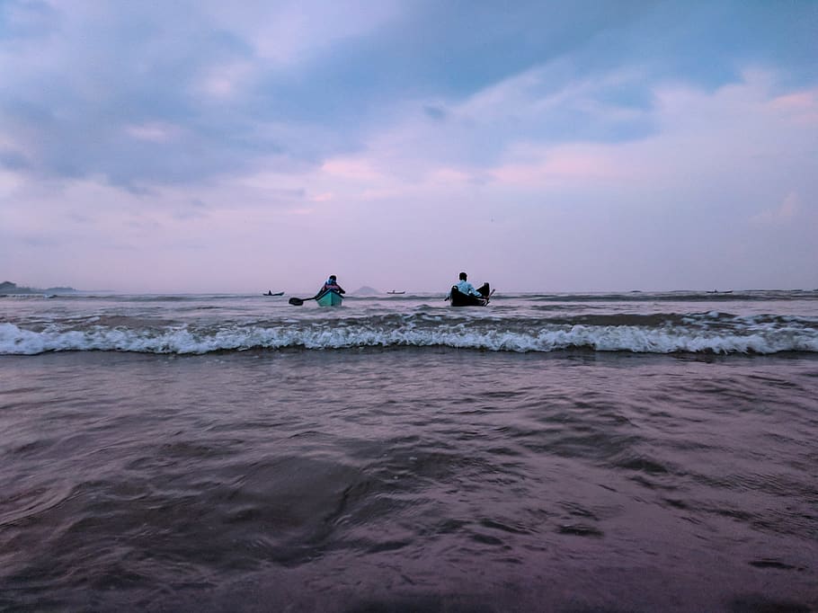 Two Man on Boats, beach, clouds, dawn, evening, fishermen, horizon HD wallpaper