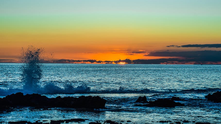 sunset, rocky coast, wave, splash, sky, clouds, evening, scenery HD wallpaper