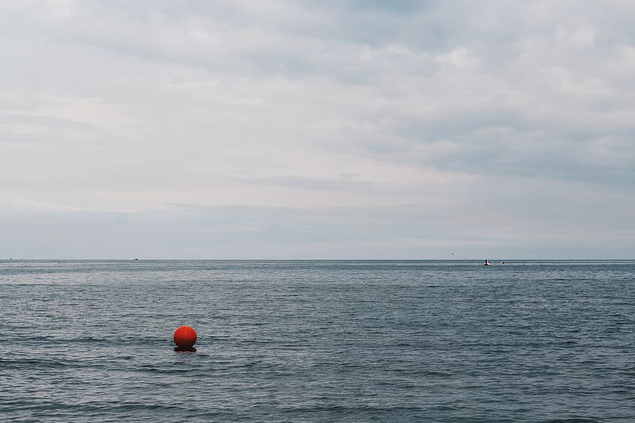 Red Buoy Floating on Body of Water, beach, clouds, daylight, minimalism HD wallpaper