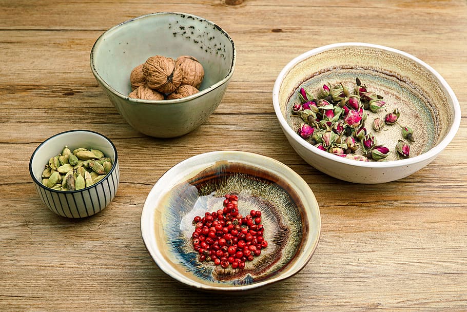 four assorted ingredients on bowls, food, vegetable, flora, plant HD wallpaper