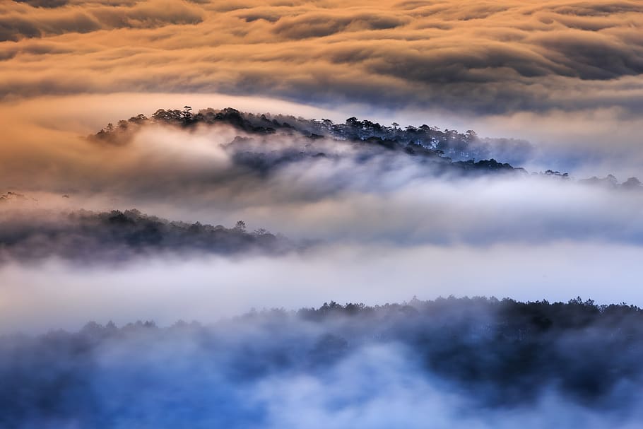 Landscape Photo of Black Mountain Peak Under by Fogs, cloudiness HD wallpaper
