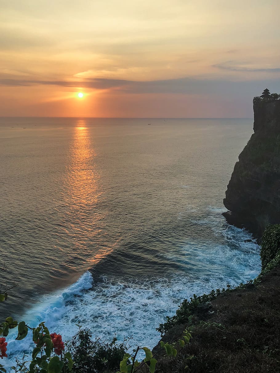 indonesia, uluwatu temple, sunset, sea, waves, cliffs, bali, HD wallpaper
