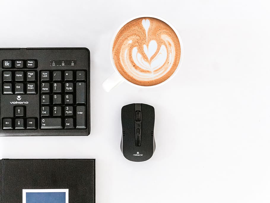 black wireless mouse and keyboard, coffee, coffee - drink, coffee cup HD wallpaper