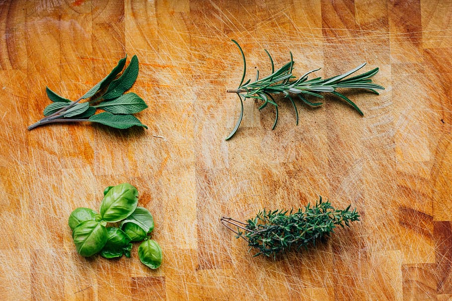fresh, kitchen, cutting board, sage, thyme, rosemary, basil HD wallpaper