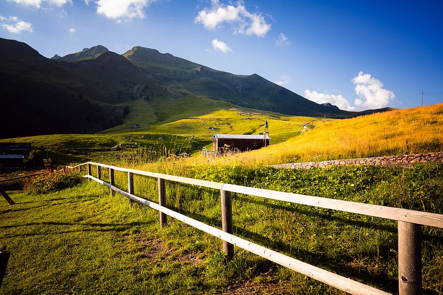 mountain, field, grass, nature, hill, landscape, fence, grassland HD wallpaper