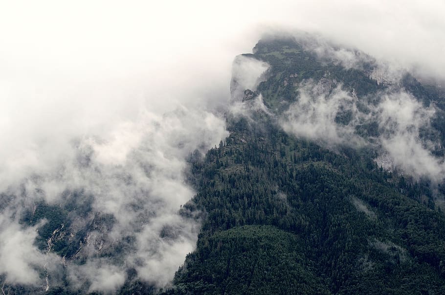 grey, sky, clouds, mountains, cliffs, hills, green, trees, outdoors HD wallpaper