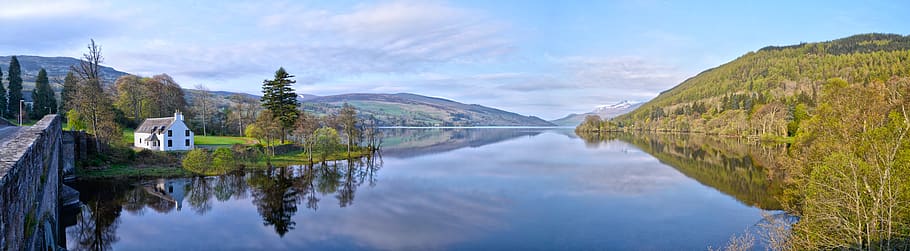 loch, reflection, panorama, scotland, morning, hills, water HD wallpaper