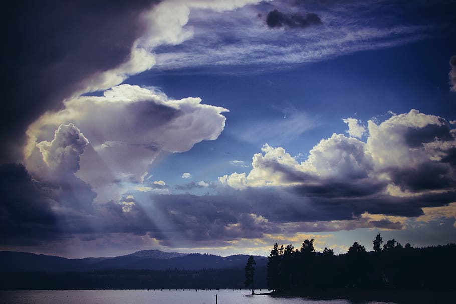 thunderstorm, sunstreams, breaking, sky, lake, shoreline, idaho HD wallpaper