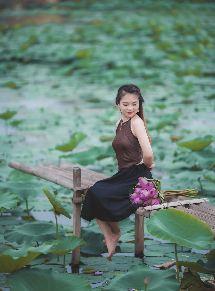 lotus, teen, nice, female, hair, vietnam, women, bamboo bridge, HD wallpaper
