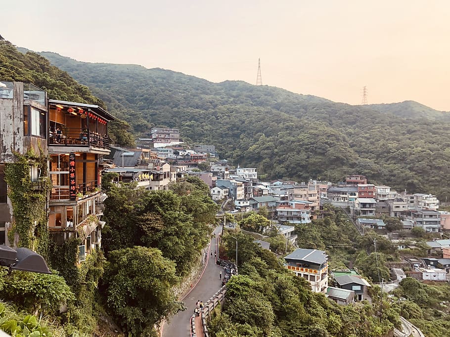 mountain, forest, house, village, taiwan, jiufen, architecture, HD wallpaper