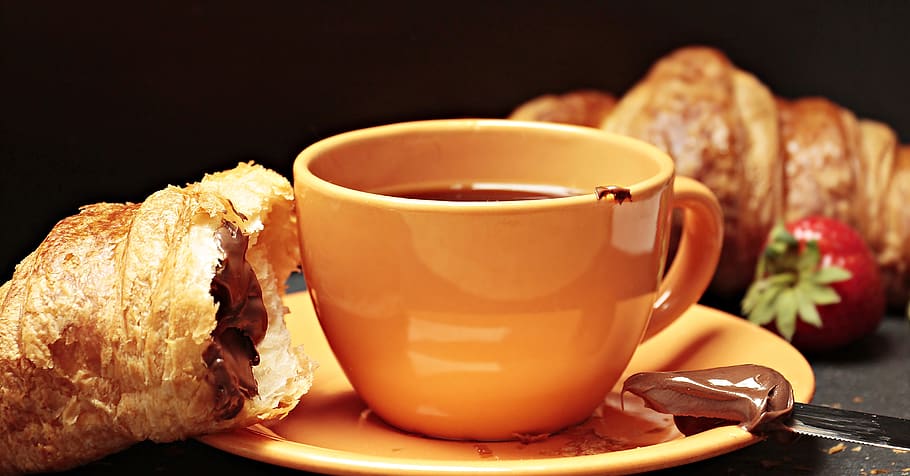 Filled Coffee Cup Beside Bread, blur, ceramic, chocolate, close-up HD wallpaper