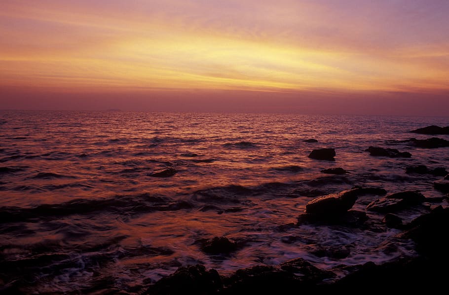 thailand, red, sea, sky, sunrise, waves, rocks, dawn, sunset HD wallpaper