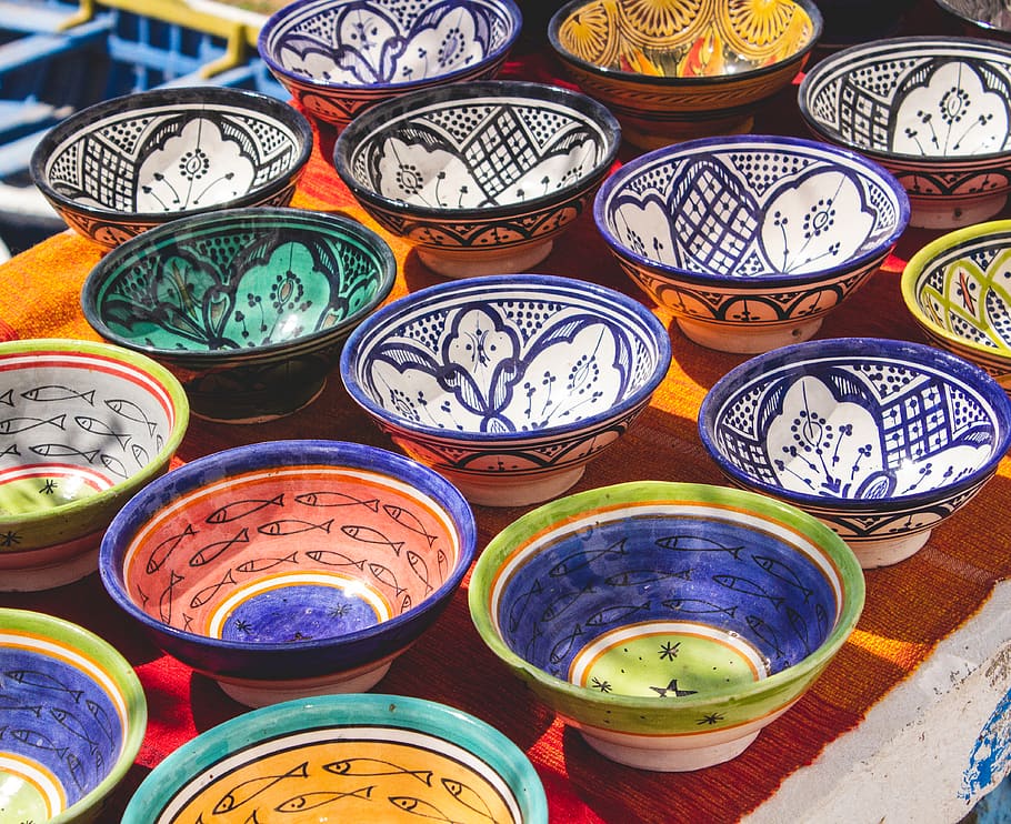 assorted-color bowls, dish, plate, meal, food, morocco, taghazout