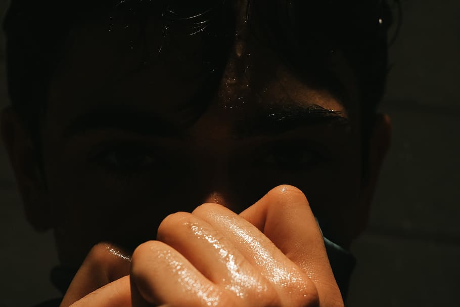 dark, face, portrait, up close, shade, shower, hand, eyes, wet HD wallpaper