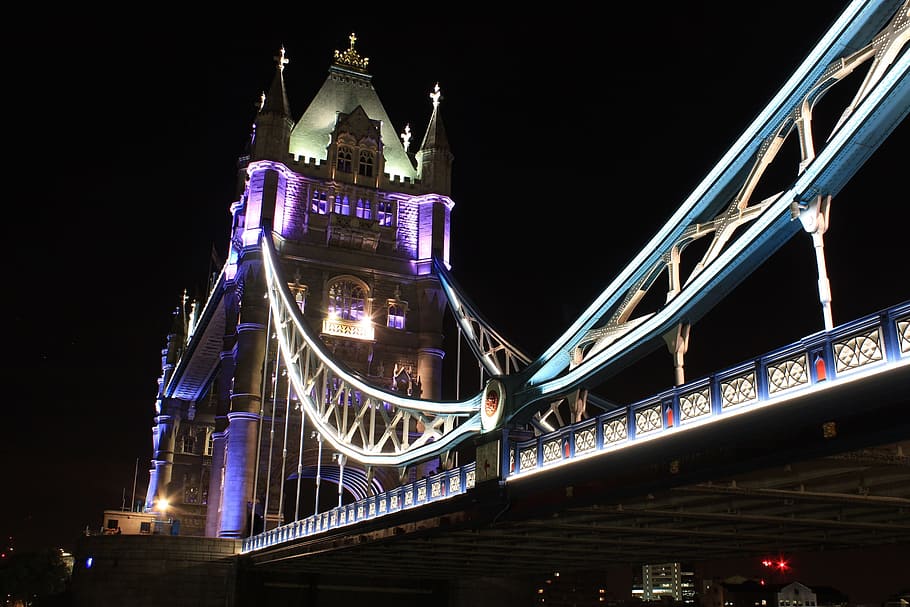 bridge, tower, construction, architecture, urban, night, illuminated HD wallpaper