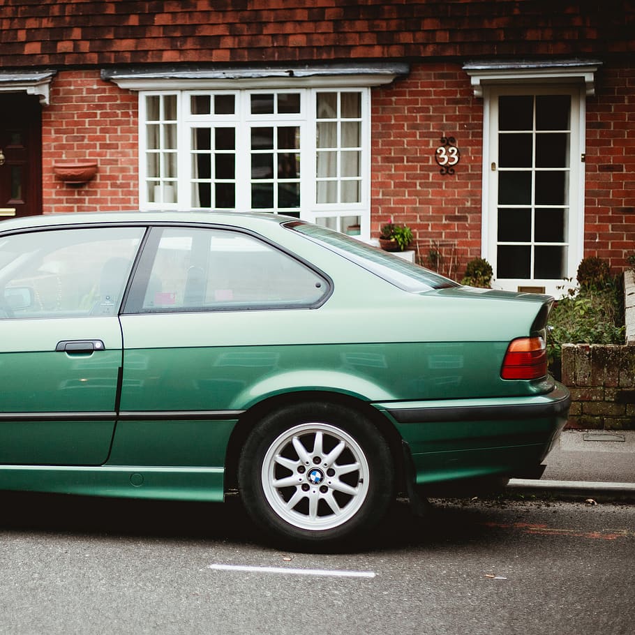 green coupe parked beside building, spoke, machine, alloy wheel HD wallpaper