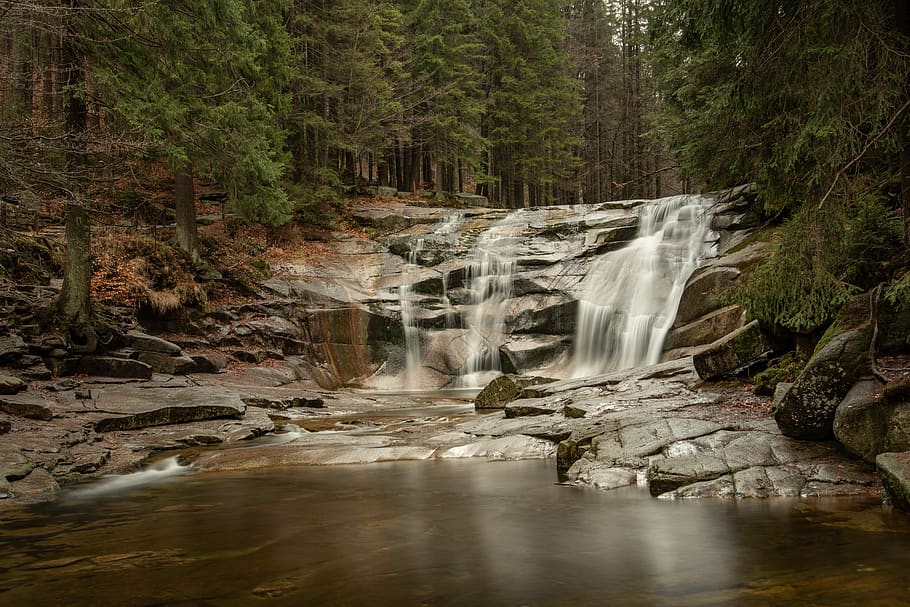 waterfall, autumn, forest, stones, water-level, stream, mountains HD wallpaper