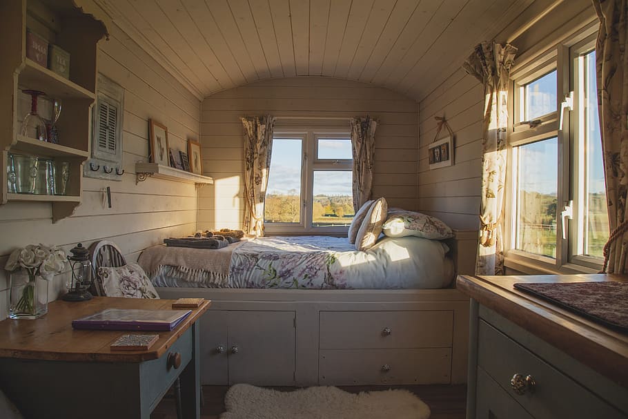 empty bed beside windows during daytime, tinyhouse, bedroom, home HD wallpaper