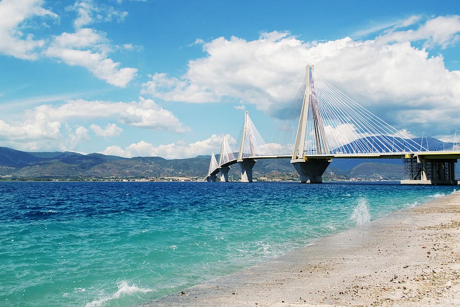 White Suspension Bridge, beach, blue sky, clouds, destination HD wallpaper