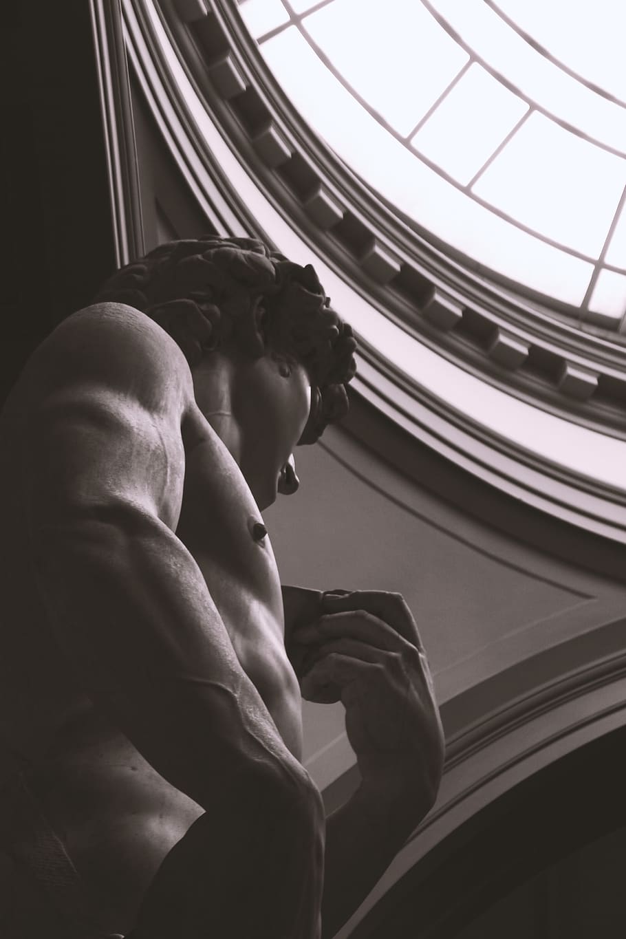 Statue of David, architecture, art, black-and-white, indoors