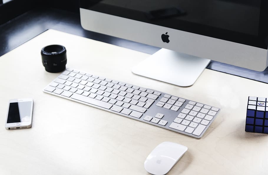Imac Beside Apple Wireless Keyboard And Magic Mouse, desk, electronics HD wallpaper