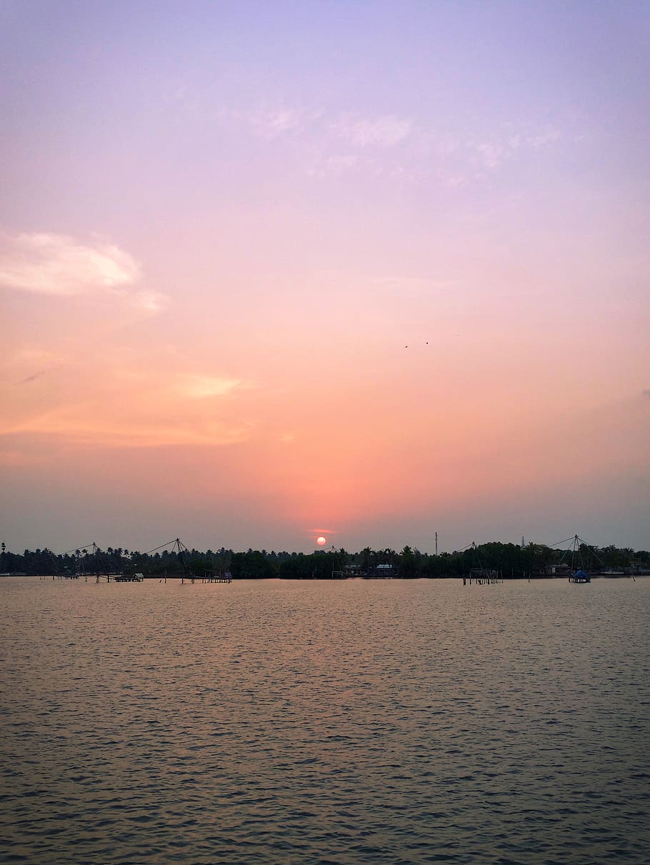 india, kochi, backwaters, kerala, sun, sunset, evening, trees HD wallpaper