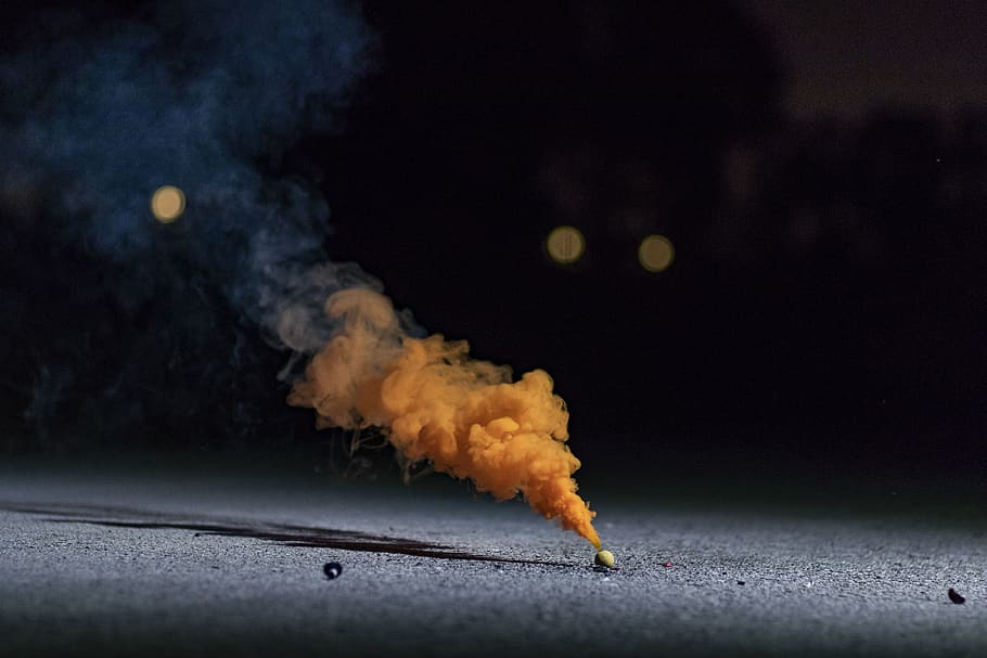 smoke, smokebombs, fire, fireworks, orange, night, nighttime HD wallpaper