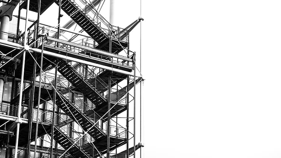 Scaffolding in Grayscale Photo, architecture, black and white HD wallpaper
