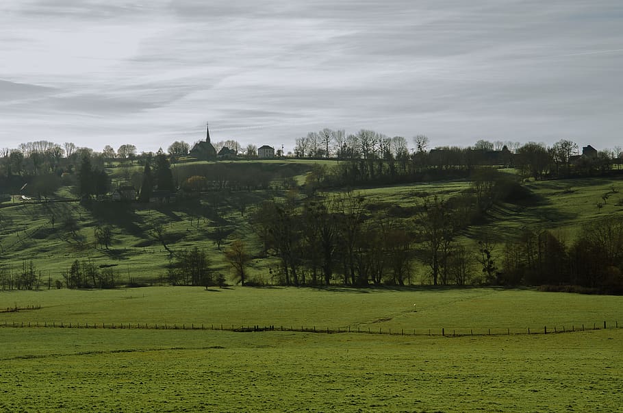 landscape, normandy, france, fields, prairie, rail, railway HD wallpaper