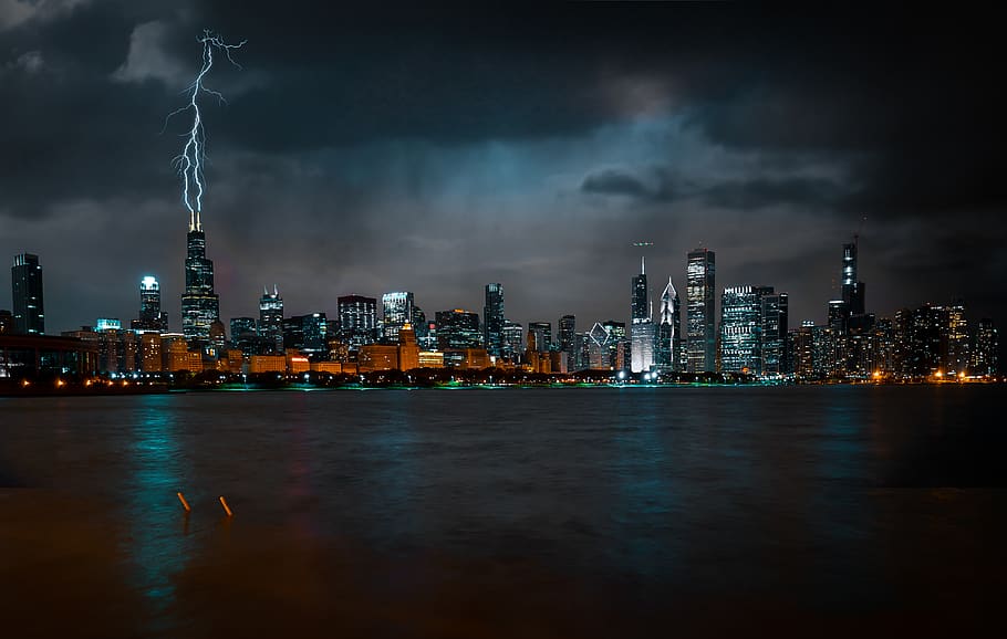 Photo of Chicago Cityscape at Night While Lightning Strikes High Rise Building, HD wallpaper