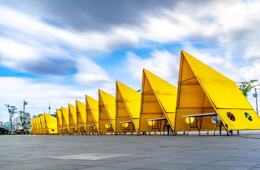 yellow, clouds, tent, sky, cloud - sky, architecture, built structure HD wallpaper