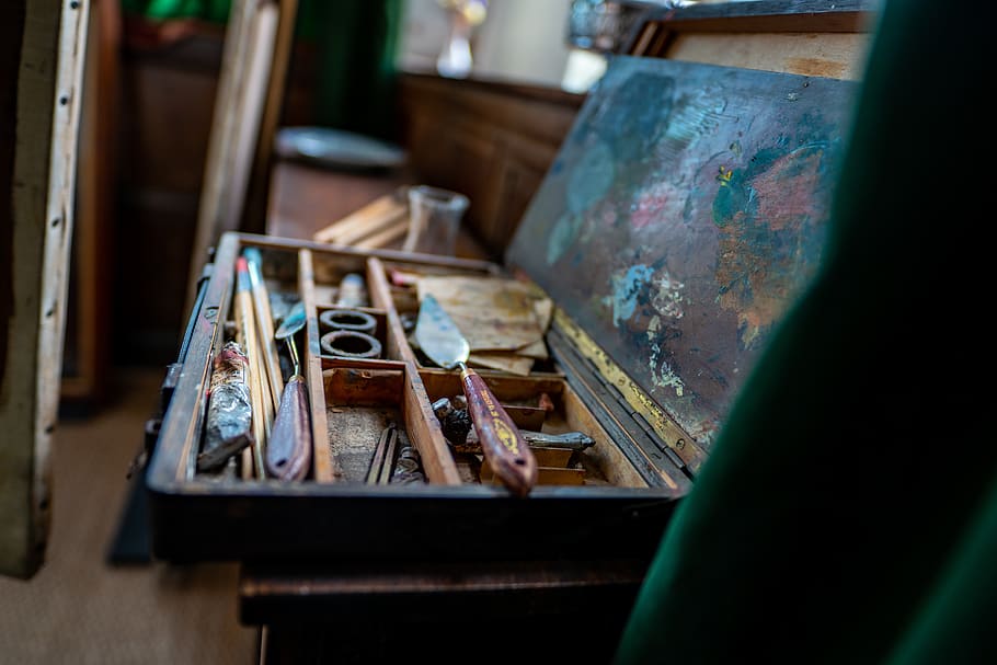 painting tools on case, drawer, furniture, food, seafood, paint container HD wallpaper