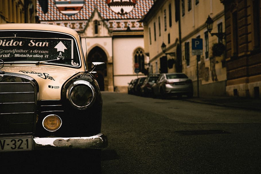 parked white car, transportation, automobile, vehicle, hot rod HD wallpaper