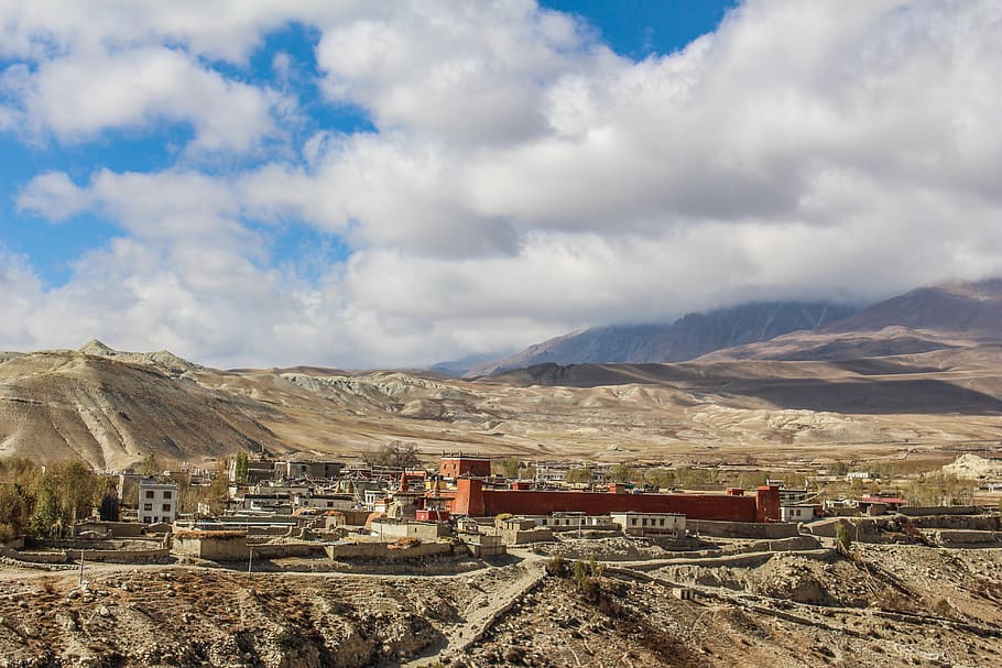 nepal, lo manthang, mountain, cloud - sky, mountain range, architecture HD wallpaper