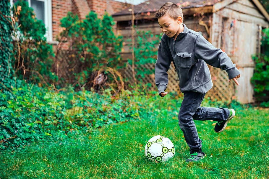 Young Boy Kicking Ball Photo, Fun, Children, Boys, Playtime, Soccer