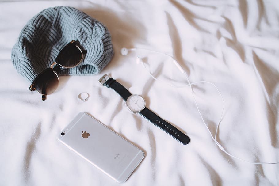 Silver Iphone 6 Beside Silver-colored Watch, beanie, ring, still life HD wallpaper