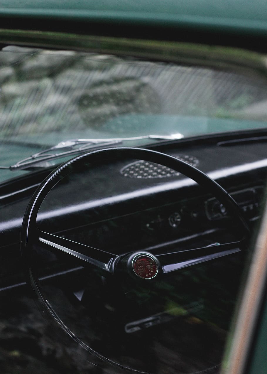 black steering wheel, gauge, mirror, vehicle, automobile, transportation HD wallpaper