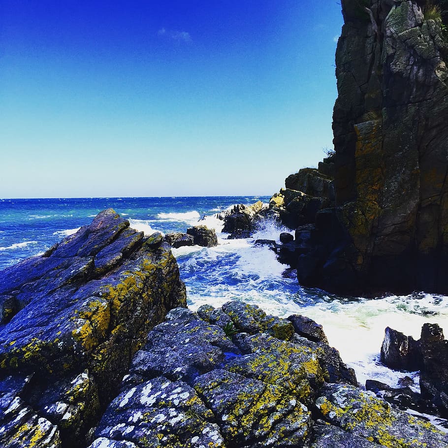 danmark, bornholm, blue, sky, wave, rocks, island, denmark