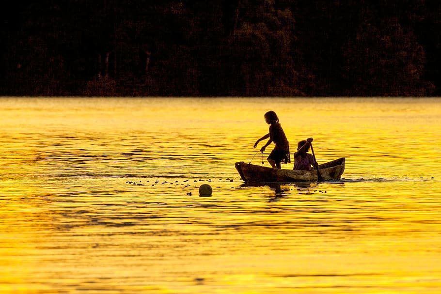 sunset, river, water, lake, kid, child, children, sister, sibling HD wallpaper
