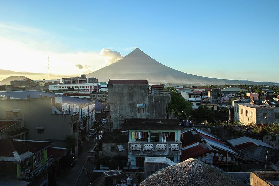philippines, legazpi city, town, volcano, smoke, sunset, legaspi, HD wallpaper