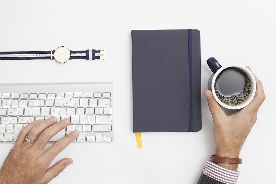 desktop, looking down, workspace, keyboard, coffee, planner HD wallpaper