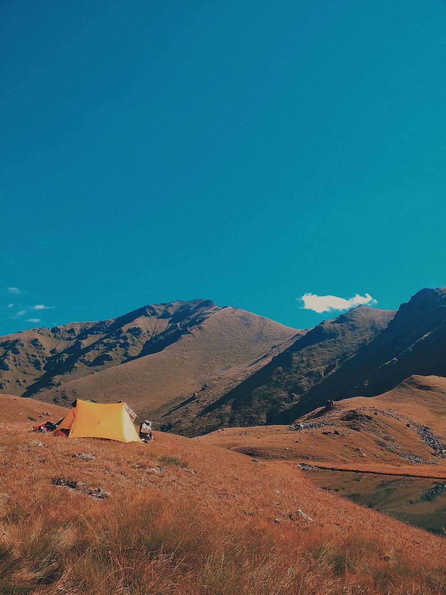 orange tent on mountain, sky, scenics - nature, beauty in nature HD wallpaper
