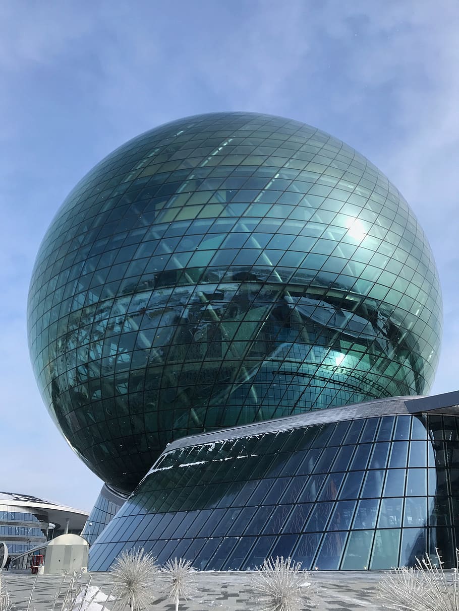 sphere, architecture, building, dome, planetarium, kazakhstan, HD wallpaper