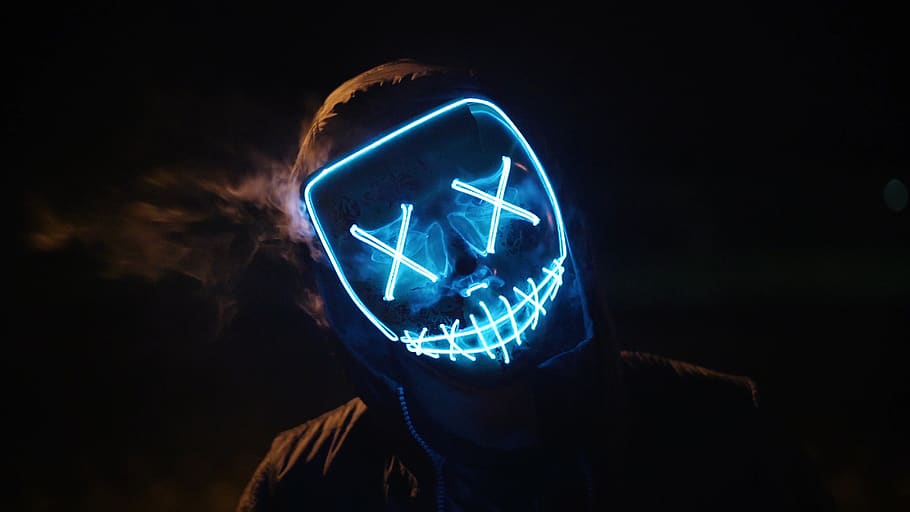 Man Wearing Black and Blue Mask Costume, art, black background