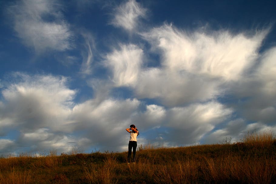 girl, sky, cloud, cloudy, nature, human, activity, cloud - sky HD wallpaper