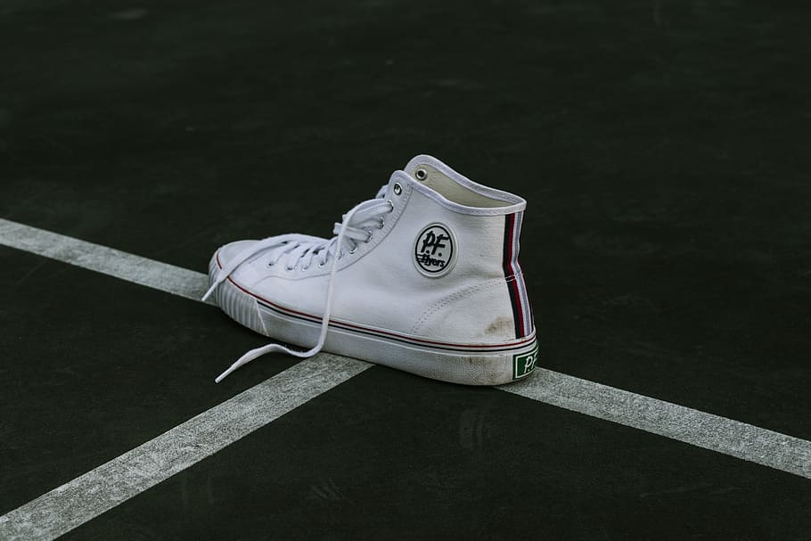 unpaired white high-top lace-up sneaker, shoe, apparel, footwear, HD wallpaper