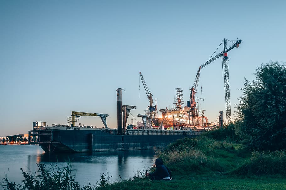 netherlands, schellingwoude, harbour, harbor, port, ship, crane HD wallpaper