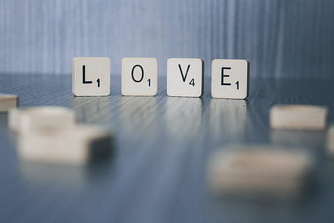 four L, O, V, E scrabble tiles, game, text, domino, word, photography HD wallpaper