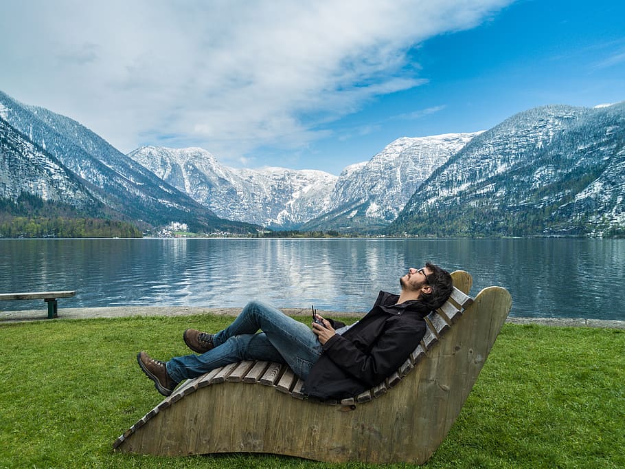 austria, hallstatt, relax, mood, man, travel, snow, mountains, HD wallpaper